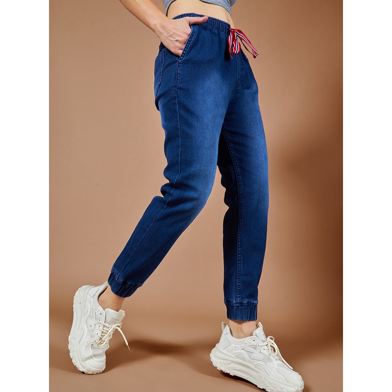 Women’s Navy Blue Solid Mid Rise Clean-Look Regular Length Stretchable Denim Jogger Pants 26 Navy Blue