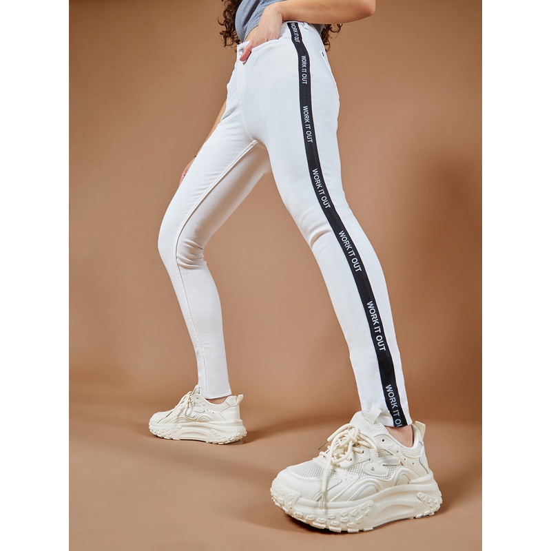 Women’s White Skinny Mid-Rise Printed Twill Tape Detailing Stretchable Denim Jeans 26 White