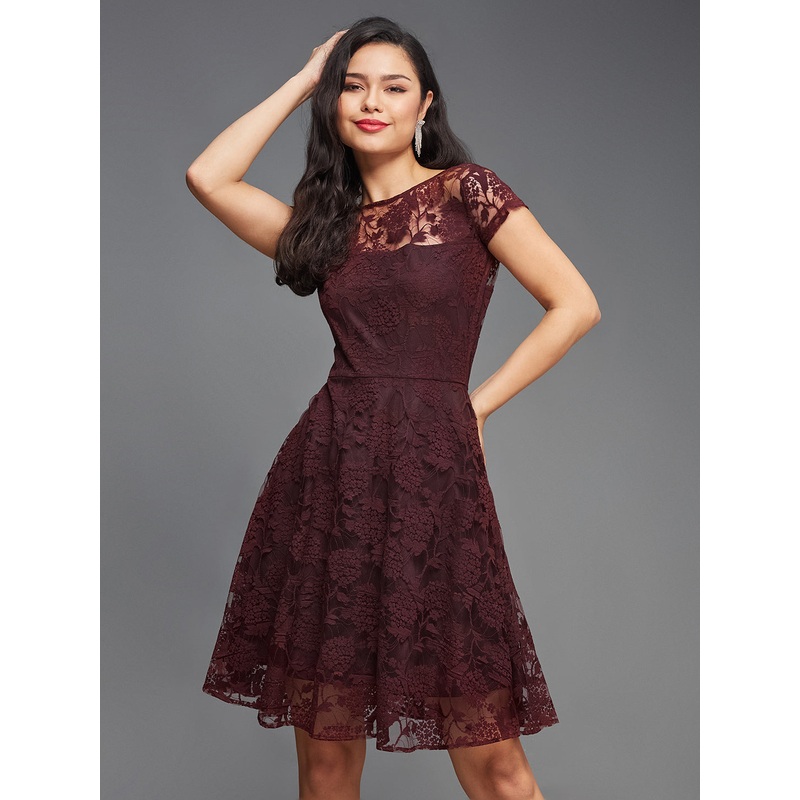 Women’s Wine Round Neck Cap Sleeves Lace Knee-Long Skater Dress XXS Wine