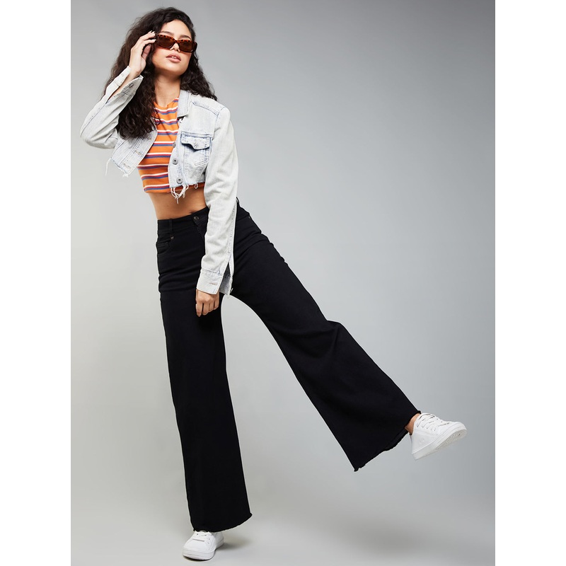 24/7 Comfort Black High-Rise Stretchable Wide-Leg Denim-Jeans 24 Black