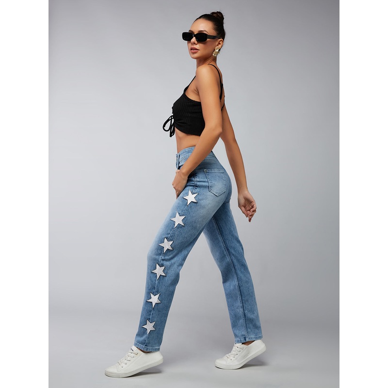 24/7 Comfort Light Blue Slim-Fit High-Rise Star Patch Stretchable Denim Jeans 26 Blue