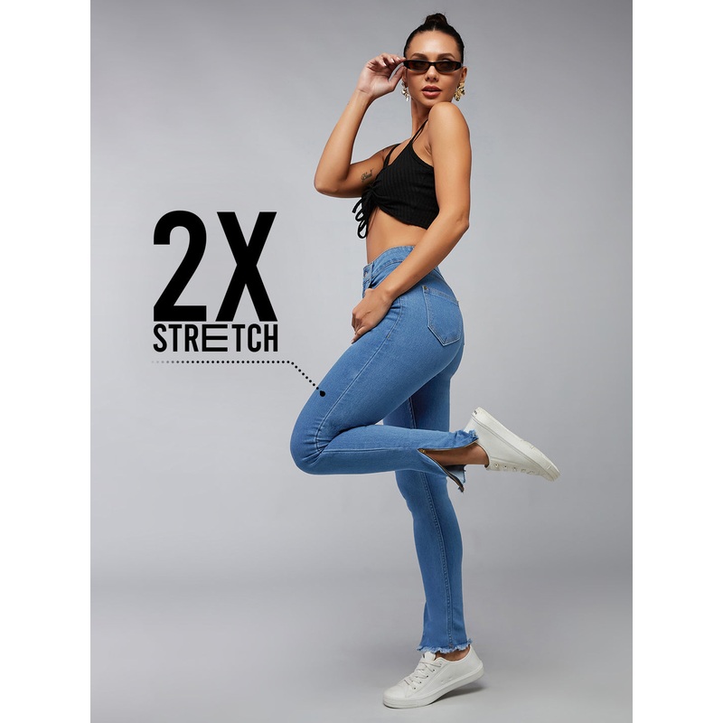 CHASEstretch Blue Skinny High-Rise Fringe And Side Zipper Detailing Cropped Denim Jeans 26 Blue