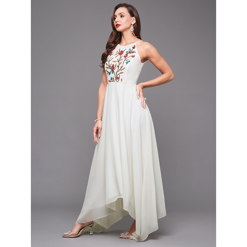 Off White Halter Neck Floral Sequinned High Low Dress for Women XS Off White