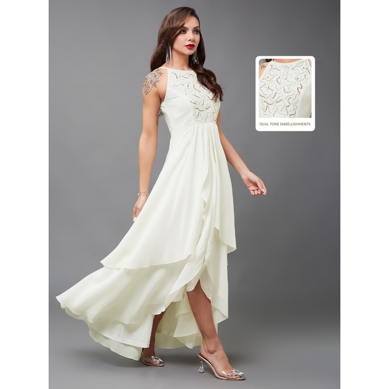 Off White Sleeveless Abstract Sequinned Layered Gown for Women XS Off White