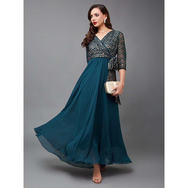 Teal Long Sleeves Fit and Flare Wrap Maxi Dress with Lace Belt for Women XS Teal
