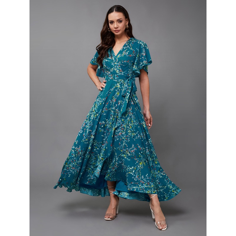 Turquoise Floral Printed Layered Maxi Dress for Women XS Turquoise