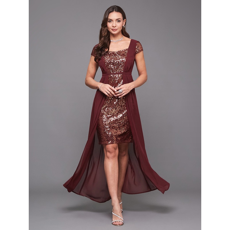 Wine Cap Sleeves Sequinned Dress with Cape for Women XS Wine