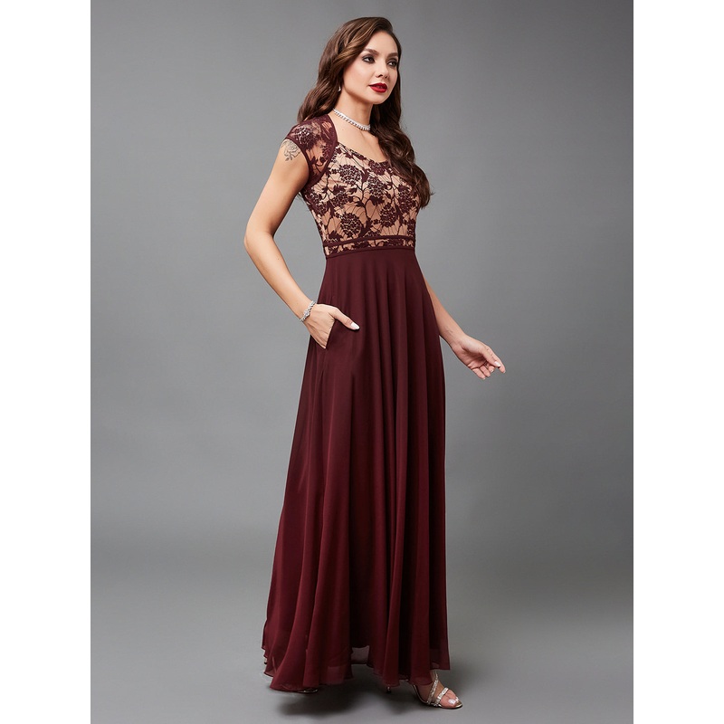 Wine Floral Cap Sleeves Fit and Flare Lace Maxi Dress for Women XS Wine & Beige