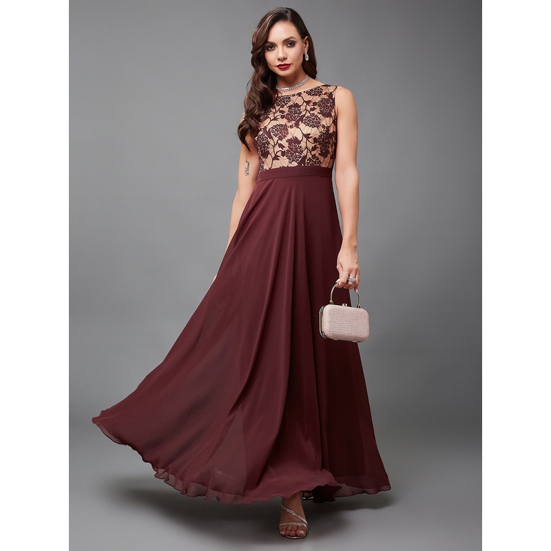 Women’s Beige & Wine Round Neck Sleeveless Georgette Floral Lace Fit & Flare Maxi Dress XS Beige & Wine