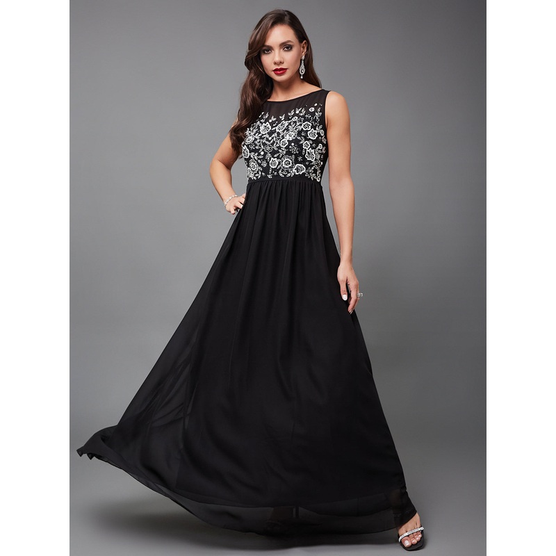 Women’s Black Boat Neck Sleeveless Solid Embellished Maxi Dress XS Black