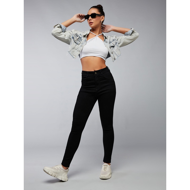 Women’s Black Slim-Fit High-Rise Acid Wash Stretchable Denim Jeans 26 Black