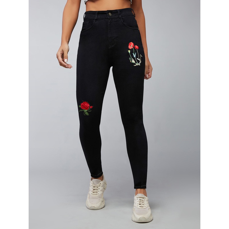 Women’s Black Slim-Fit High-Rise Rose Applique Detailing Denim Jeans 26 Black