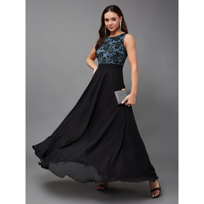 Women’s Blue & Black Round Neck Sleeveless Georgette Floral Lace Fit & Flare Maxi Dress XS Blue & Black