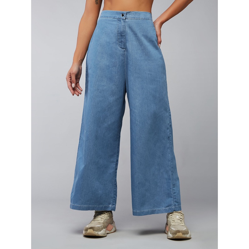 Women’s Blue Flared Wide-Leg High-Rise Light Weight Non Stretchable Denim Culottes Pants 26 Blue