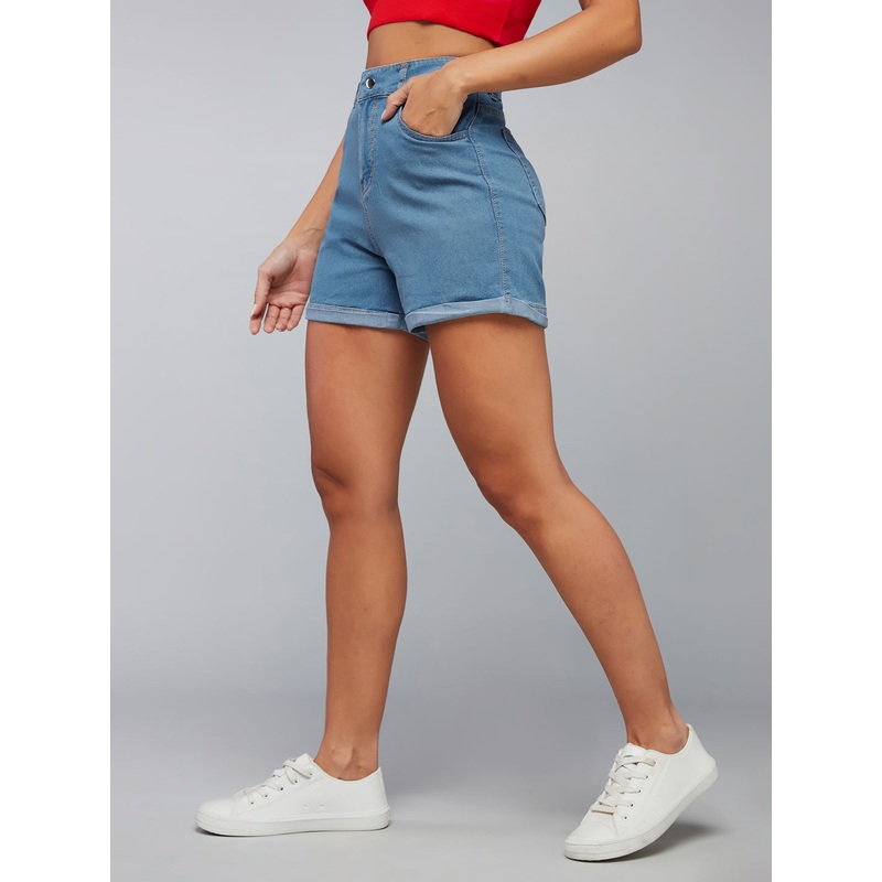 Women’s Blue Relaxed Fit Clean-Look Light Weight Mid Rise Denim Shorts 26 Blue