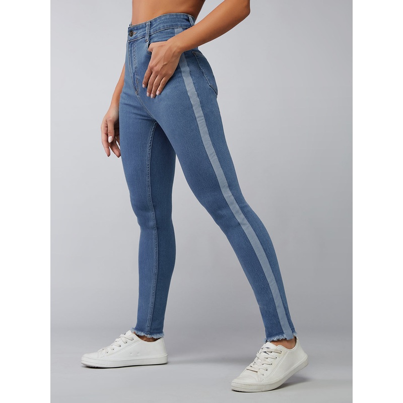 Women’s Blue Skinny High-Rise Fringe And Silky Denim Tape Detailing Cropped Denim Jeans 26 Blue