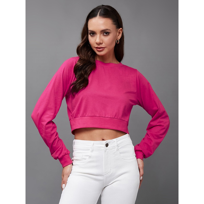 Women’s Dark Pink Solid Full Sleeve Round Neck Cotton Crop Tops XS Dark Pink