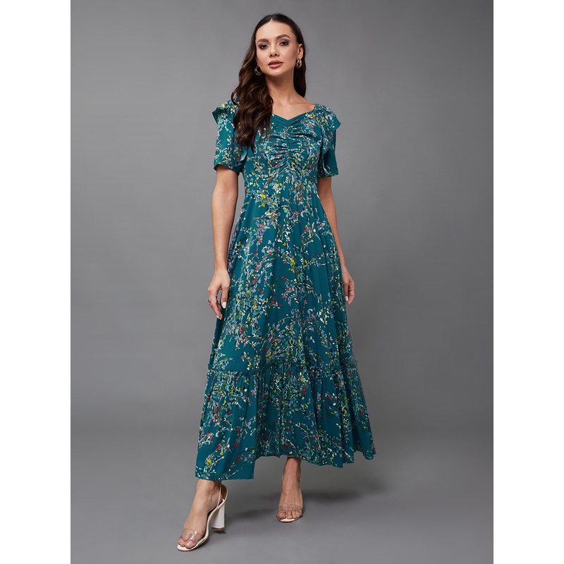 Women’s Multicolored-Base-Turquoise Sweet-Heart Neck Half Sleeve Floral Ruching Crepe Midi Dress XS Multicolored-Base-Turquoise