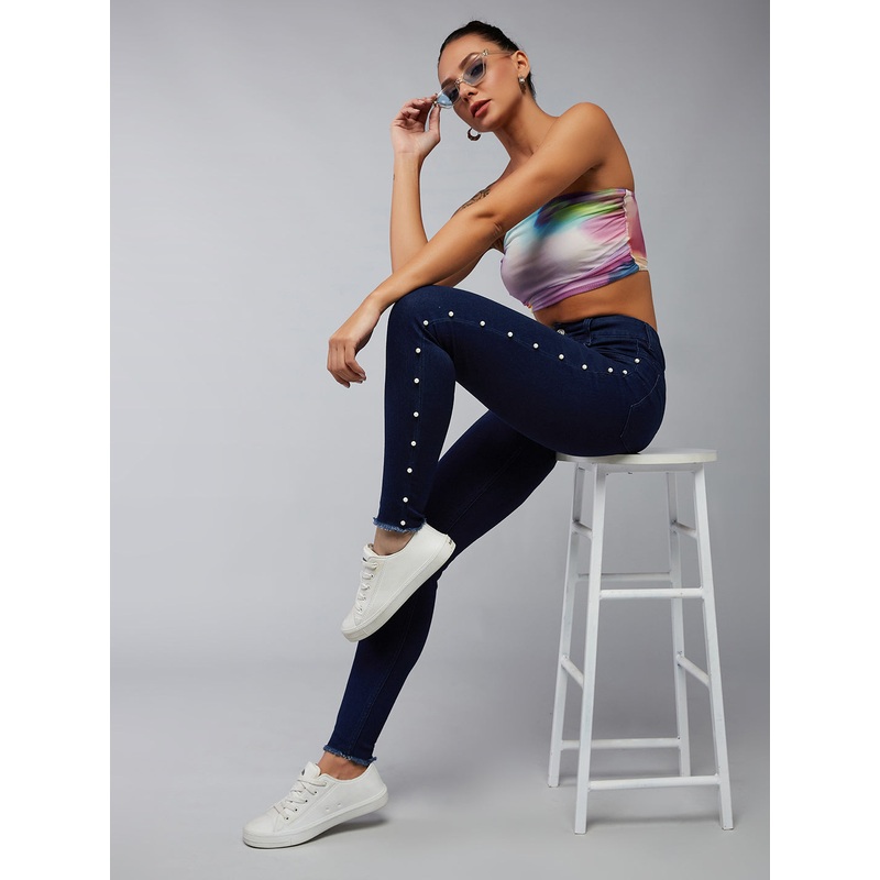Women’s Navy-Blue Cotton Skinny-Fit Cropped High-Rise Stretchable Pearl Denim Jeans 26 Navy Blue