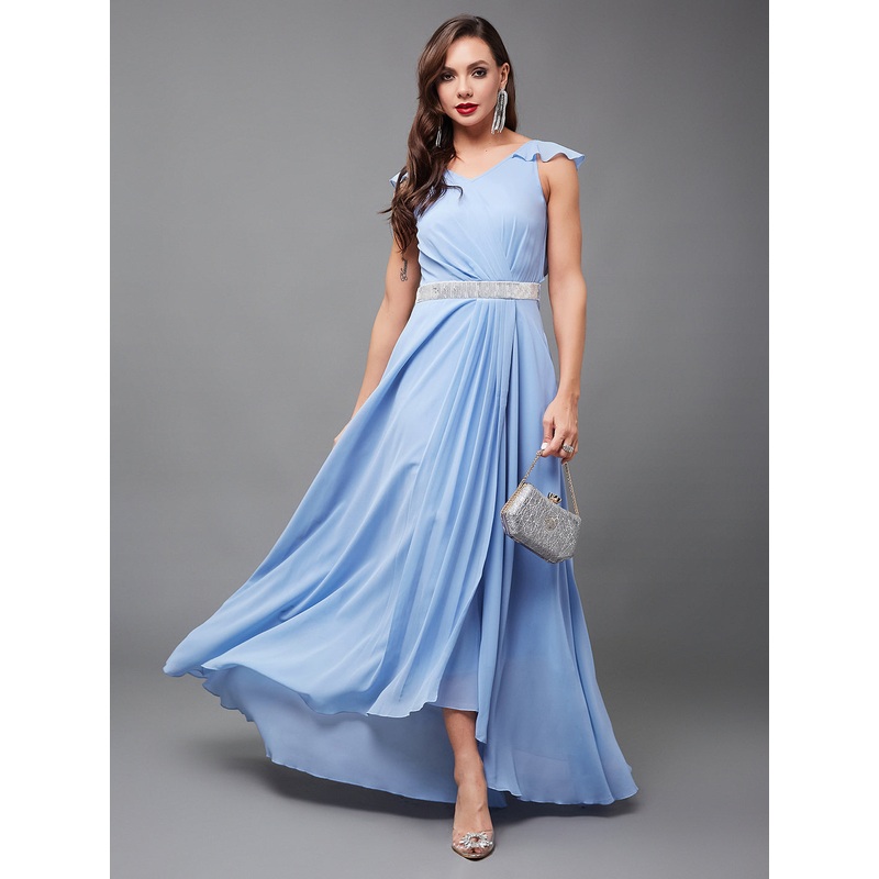 Women’s Powder Blue V-Neck Ruffled Sleeve Solid Embellished Maxi Dress XS Powder Blue