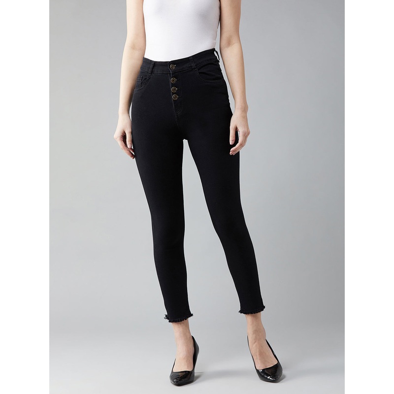 24/7 Comfort Black Skinny High-Rise Cropped Fringed Hemline Stretchable Denim Jeans 26 Black