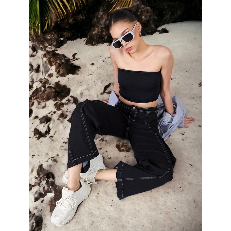 24/7 Comfort Black Wide-Leg High-Rise Stretchable Patch Pocketed Denim Jeans 26 Black