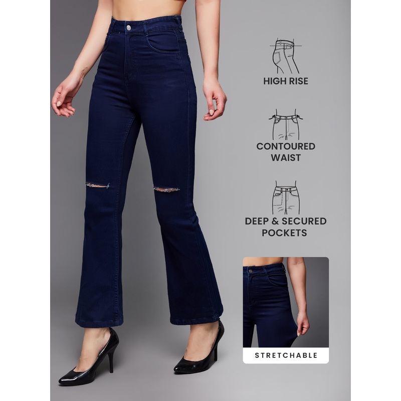 24/7 Comfort Navy-Blue Bell-Bottom Bootcut High-Rise Stretchable Denim Jeans 26 Navy Blue