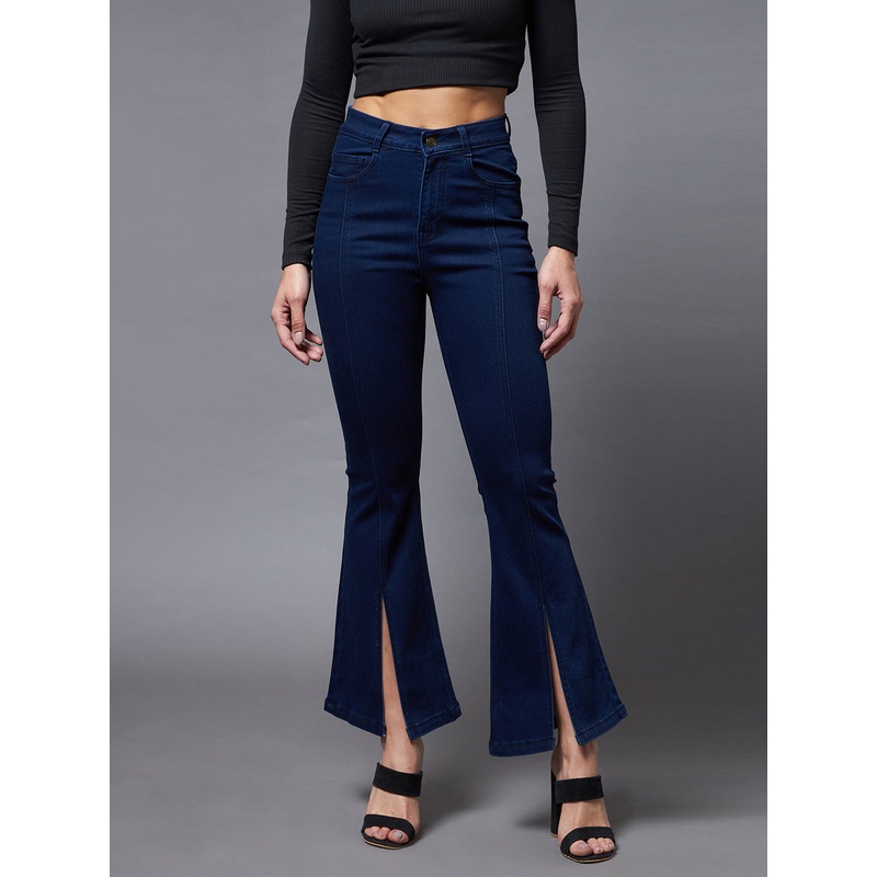 24/7 Comfort Navy-Blue Bell-Bottom Bootcut Hourglass High-Rise Stretchable Denim Slit Jeans 26 Navy Blue