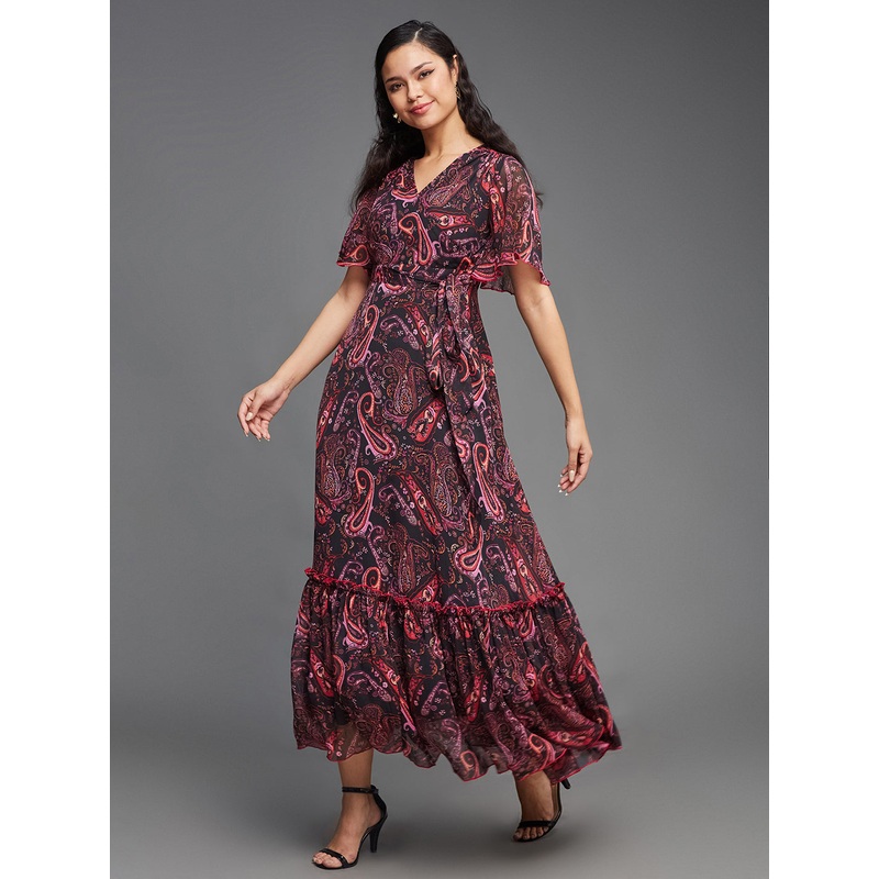 Black Bohemian Printed Flutter Sleeves Maxi Dress for Women XS Multicolored-Base-Black