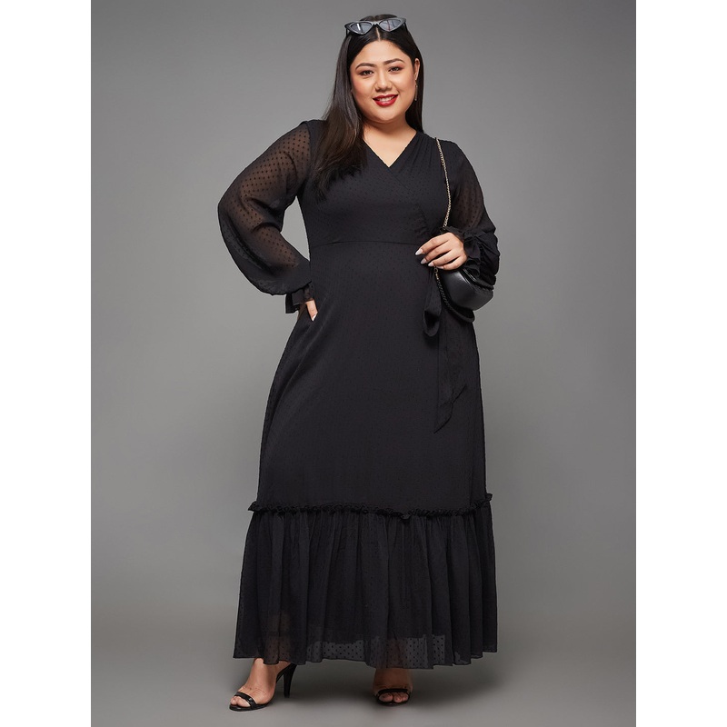 Black Full Sleeves Wrap Maxi Dress for Women XS Black