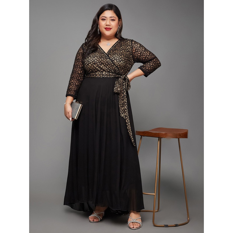 Black Long Sleeves Fit and Flare Wrap Maxi Dress with Lace Belt for Women XS Black