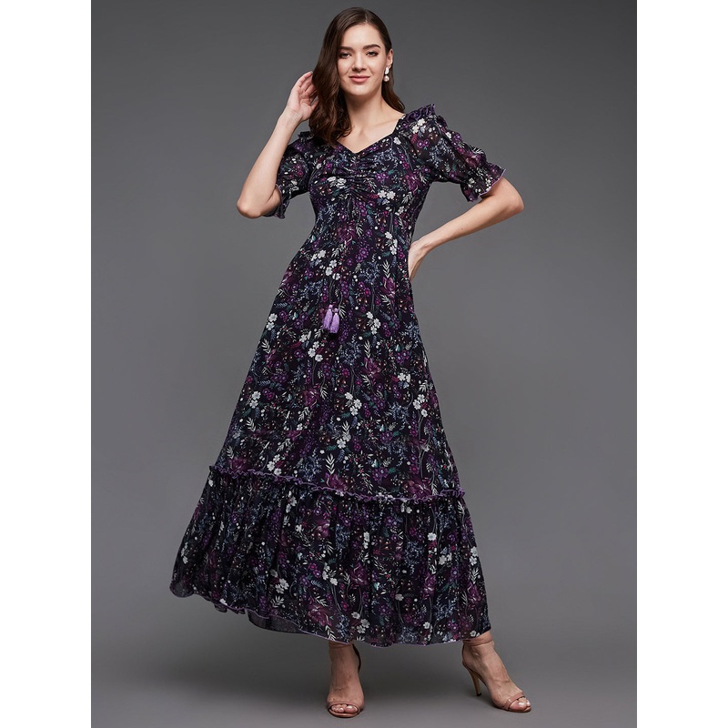 Black Multicoloured Floral Printed Puff Sleeves Sweetheart Neck Fit and Flare Maxi Dress for Women XS Multicolored-Base-Black