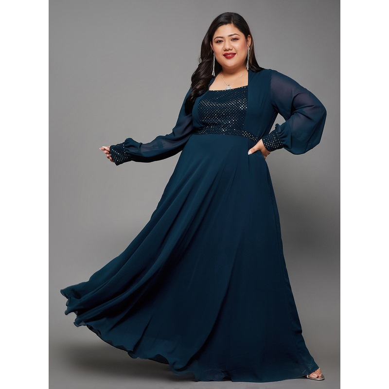 Body Bliss Teal Embellished Panelled Georgette Maxi Dress XS Teal