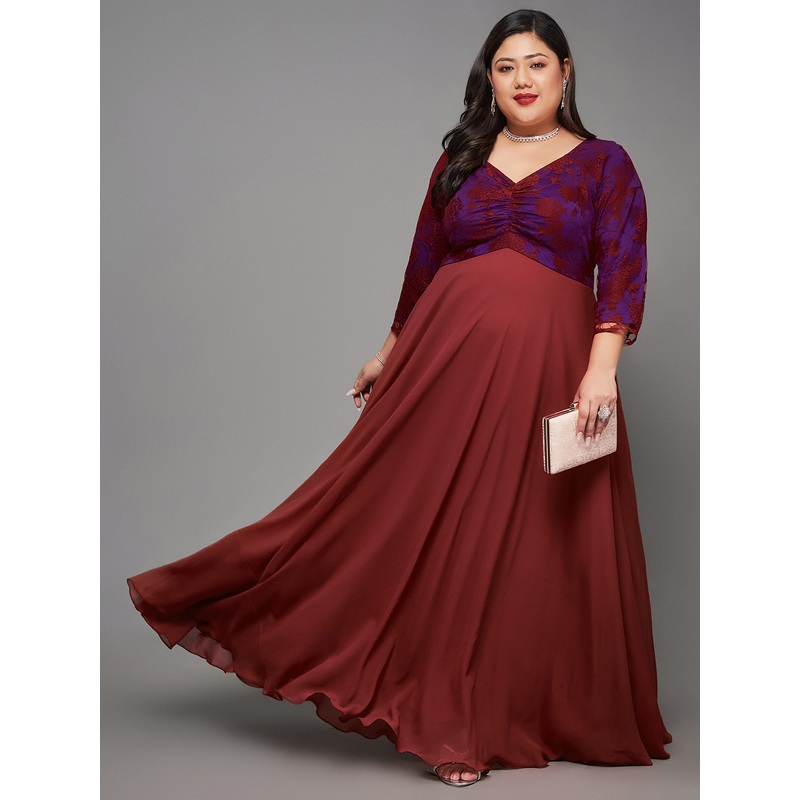 Brick Red Long Sleeves Lace Empire Maxi Dress for Women XS Brick Red