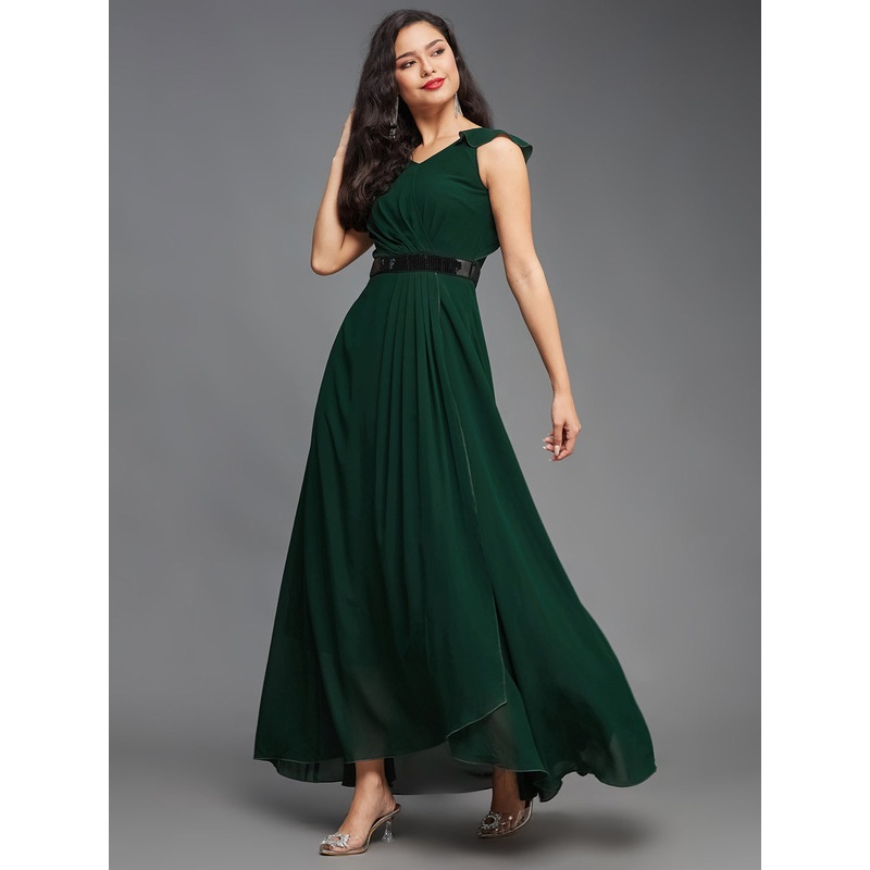 Dark Green Solid Fit and Flare Maxi Dress with Black Sequinned Belt for Women XS Green