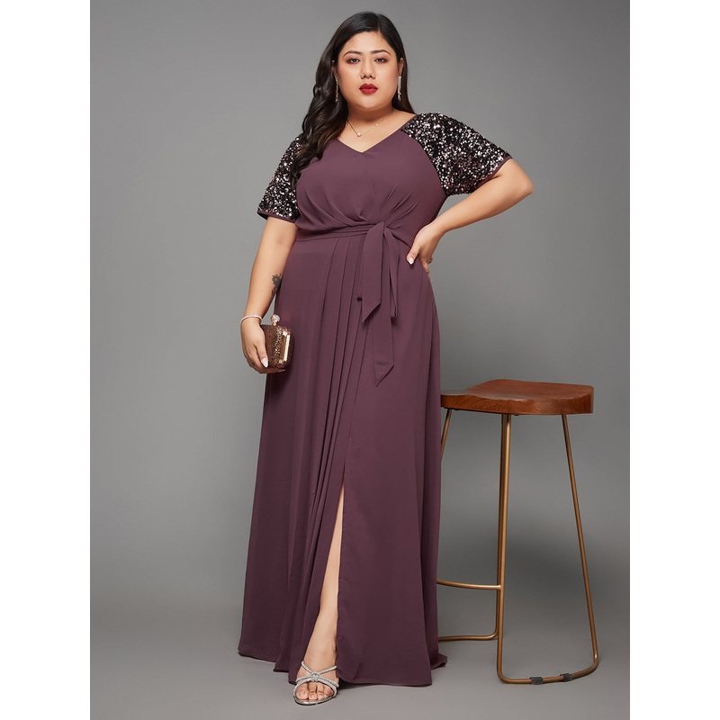Mauve Half Sleeves Sequinned Fit and Flare Maxi Dress for Women XS Mauve