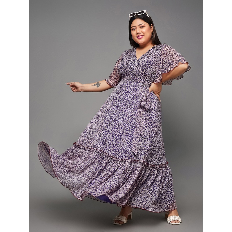 Purple Floral Printed Flutter Sleeves Maxi Dress for Women XS Multicolored-Base-Purple