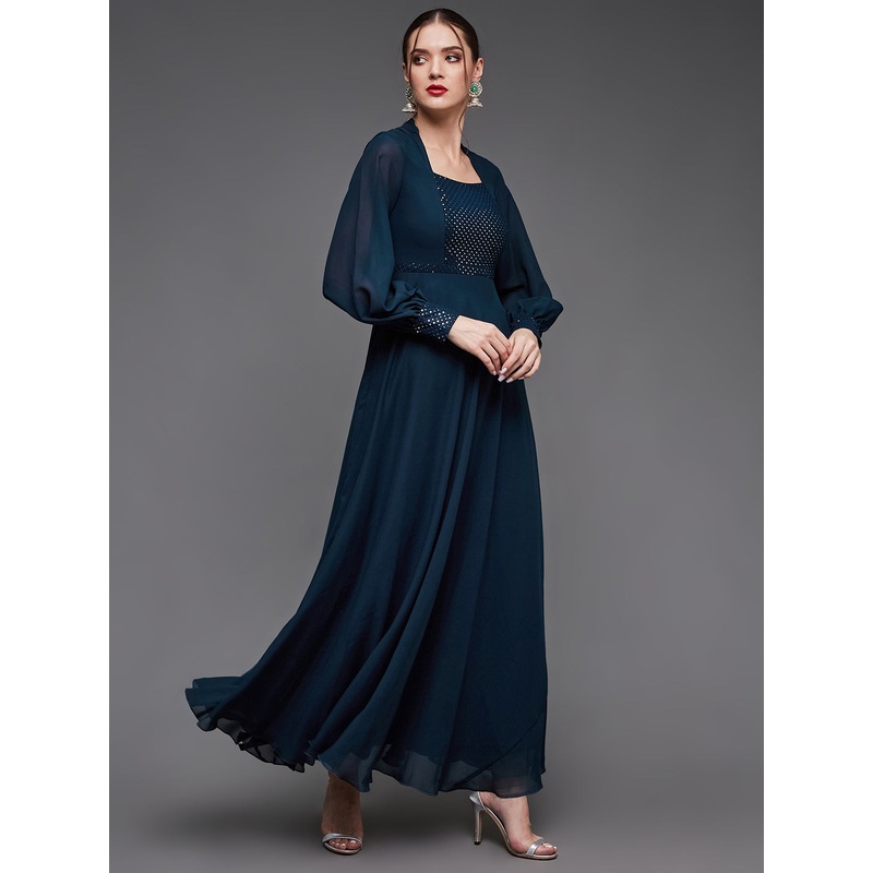 Teal Mandarin Collar Full Sleeves Fit and Flare Maxi Dress for Women XS Teal