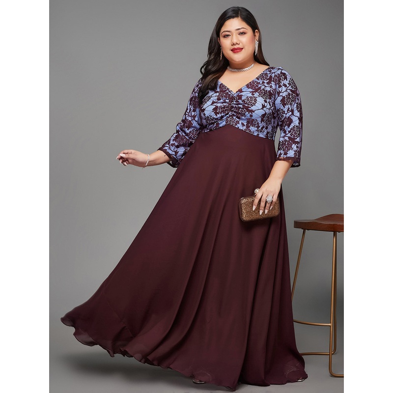 Wine Long Sleeves Lace Empire Maxi Dress for Women XS Wine