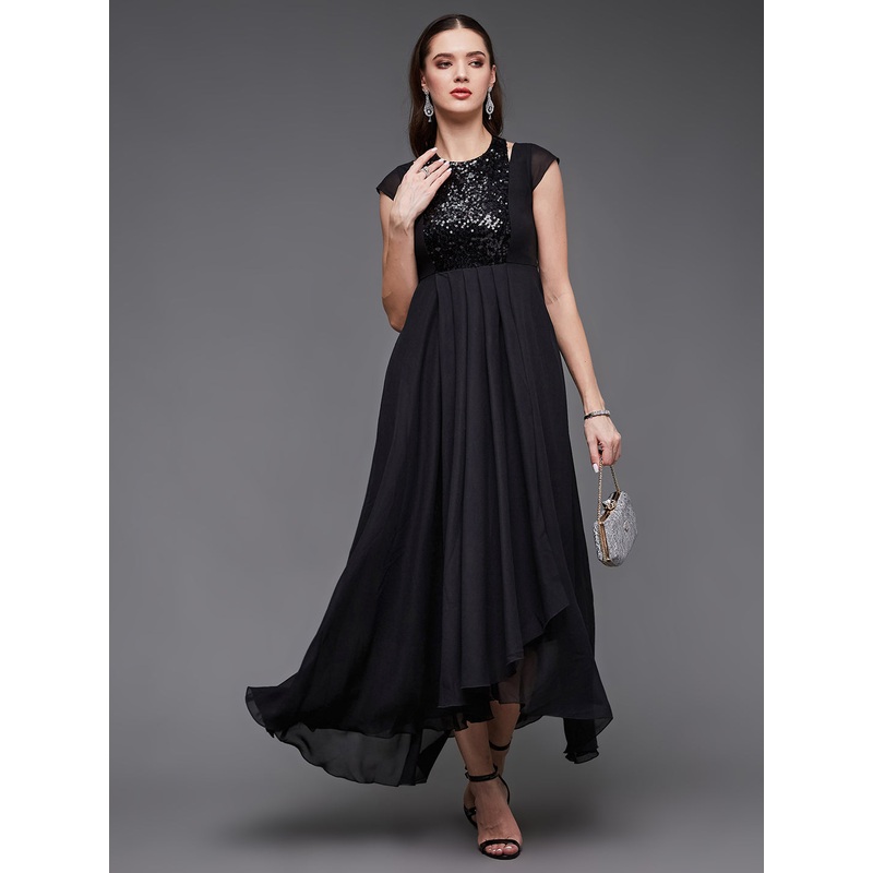 Women’s Black Halter-Neck Cap-Sleeve Solid Pleated Embellished Georgette Maxi Dress XS Black