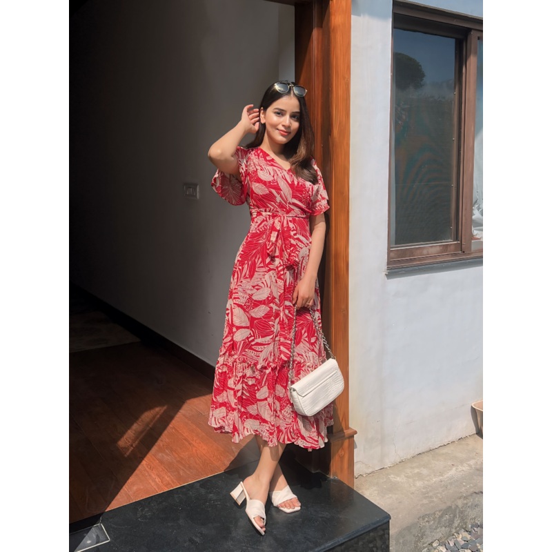 Women’s Maroon V Neck Tropical Printed Wrap Maxi Dress XS Multicolor