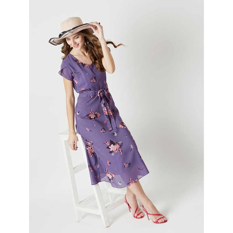 Women’s Multicolored Base Lavender V-Neck Short Sleeved Floral Pleated Midi Dress XS Purple