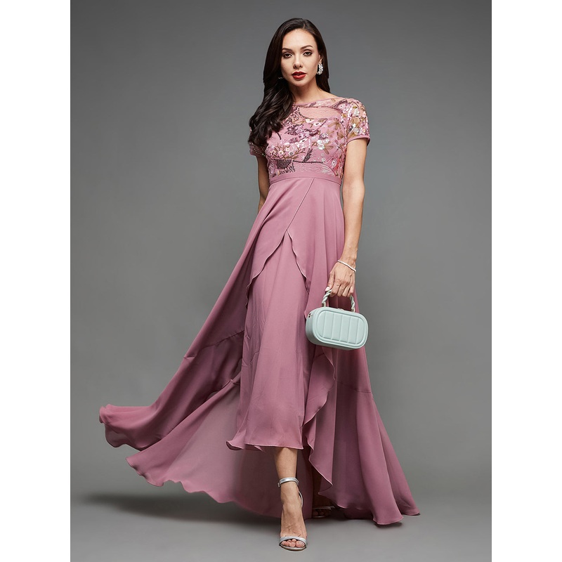 Women’s Multicolored Lavender Round Neck Short Sleeve Floral D Sequin Embroidery Dress XS Lavender