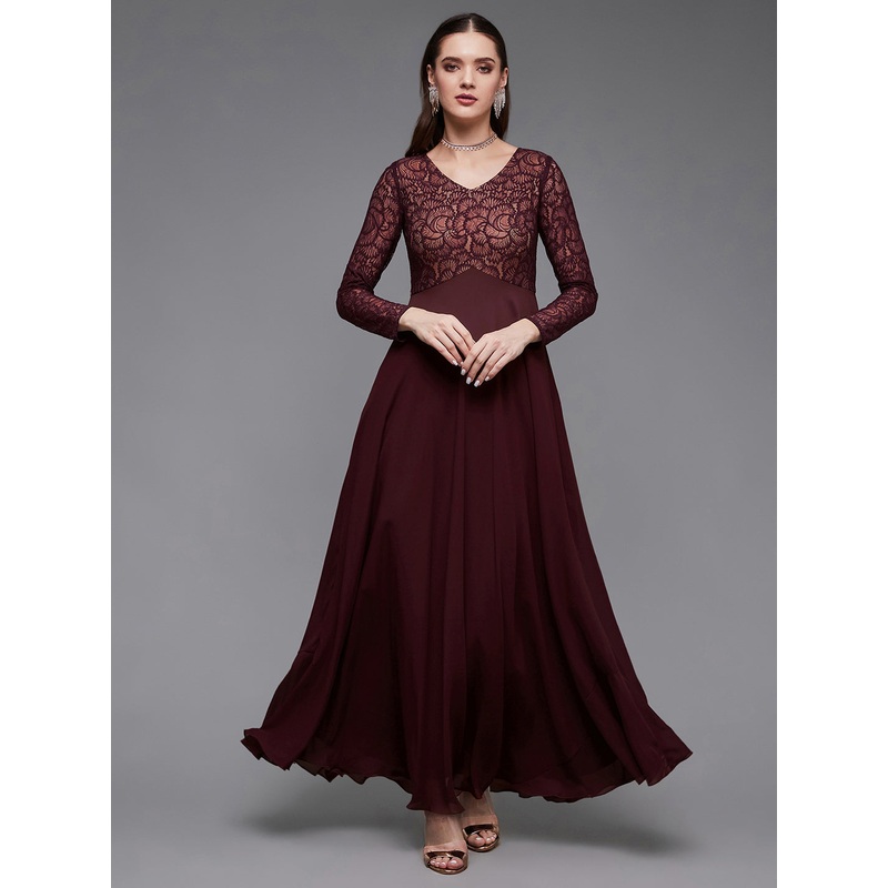 Women’s Wine V-Neck Full Sleeve Self Design Lace-Overlaid Georgette Maxi Dress XS Wine