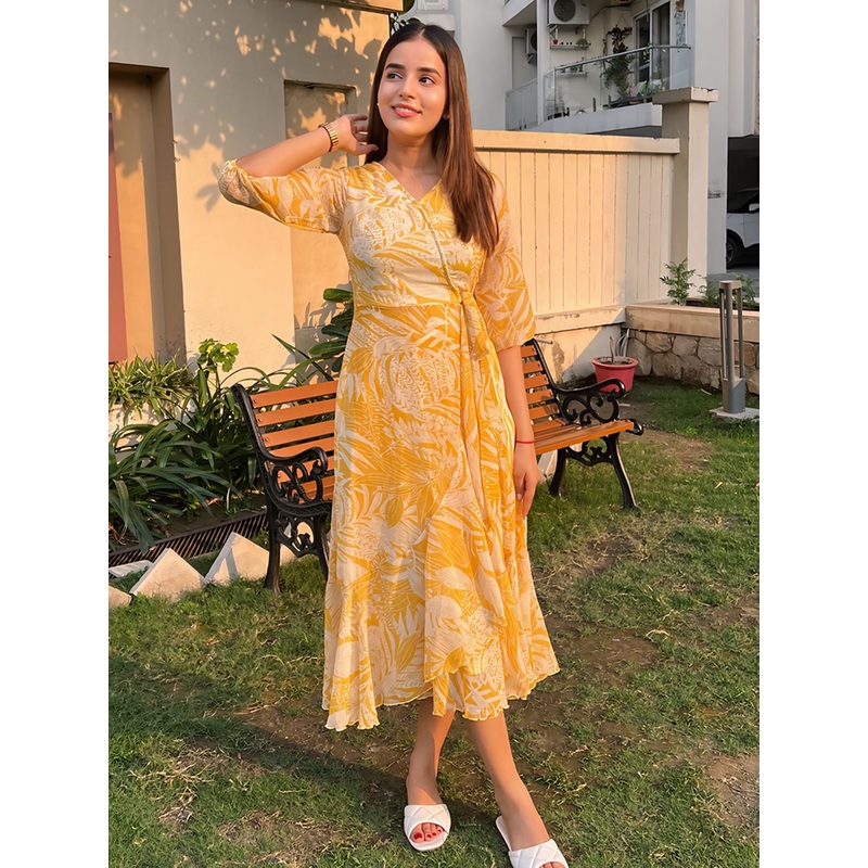 Women’s Yellow & White V-Neck Full Sleeve Floral Layered Maxi Dress XS Yellow