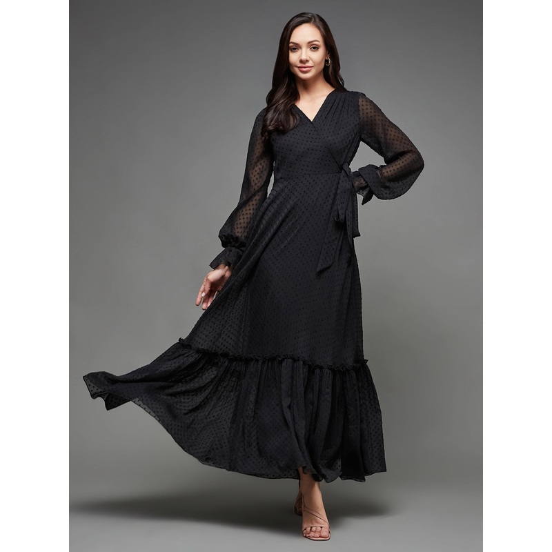 Black Full Sleeves Fit and Flare Maxi Dress for Women XS Black