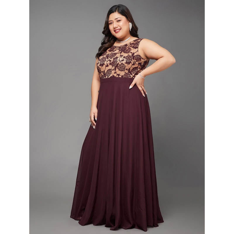 Body Bliss Beige & Wine Georgette Floral Lace Fit & Flare Maxi Dress XS Beige & Wine