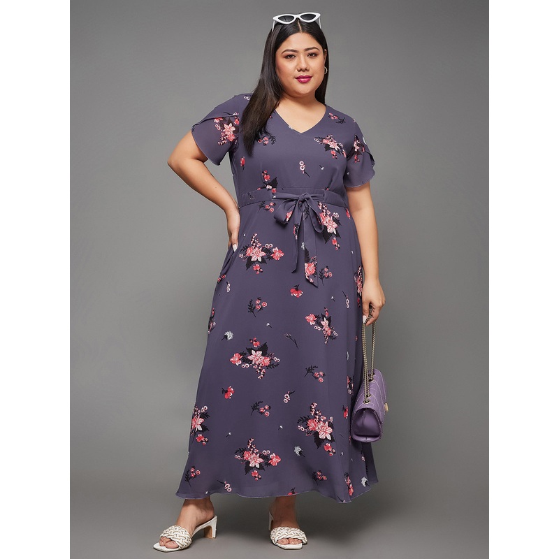 Body Bliss Multicolored Base Lavender Floral Pleated Midi Dress XS Multicolor-Base Purple