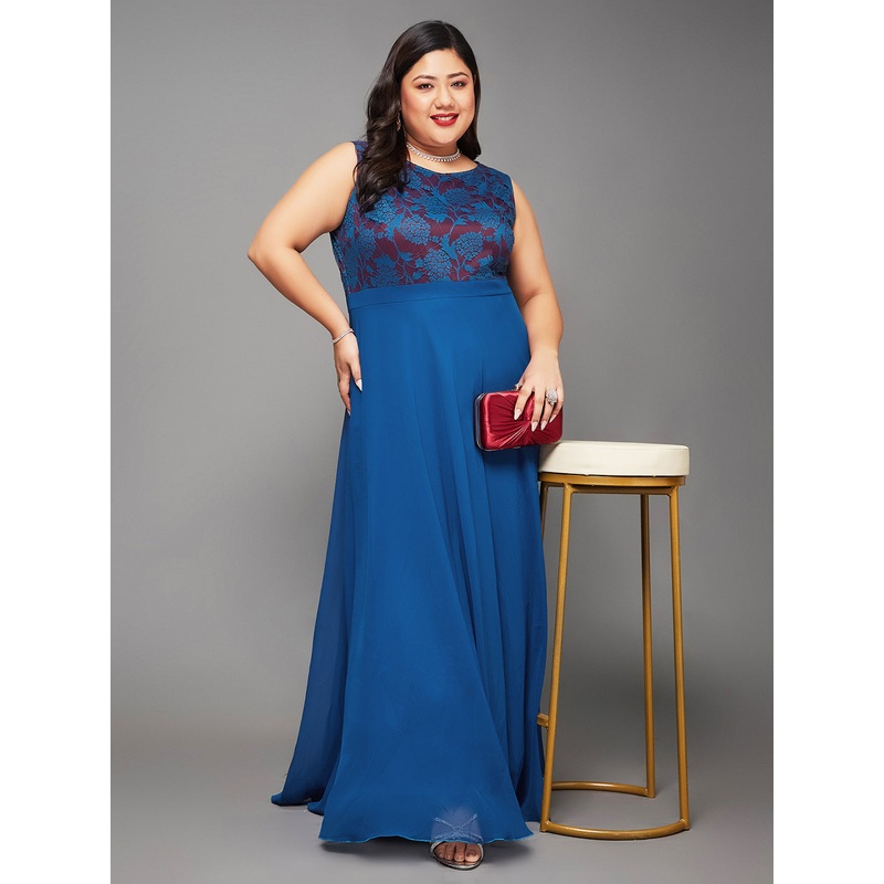 Body Bliss Royal Blue Georgette Floral Lace Fit & Flare Maxi Dress XS Royal Blue