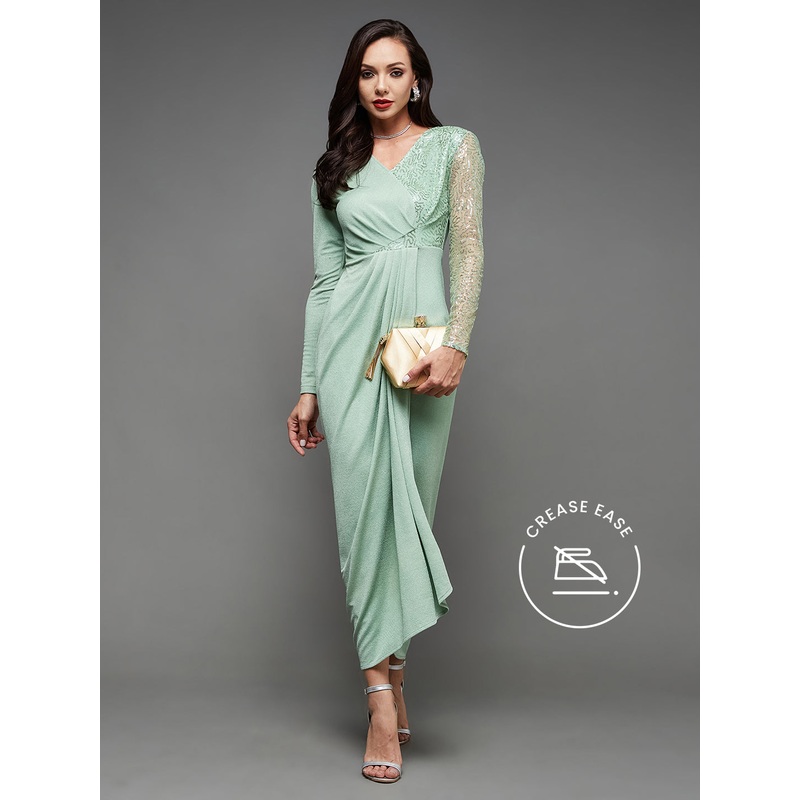 Crease Ease Cocktail Women’s Mint Embellished V-Neck Full Sleeve Pleated Slim Fit Maxi Dress XS Mint